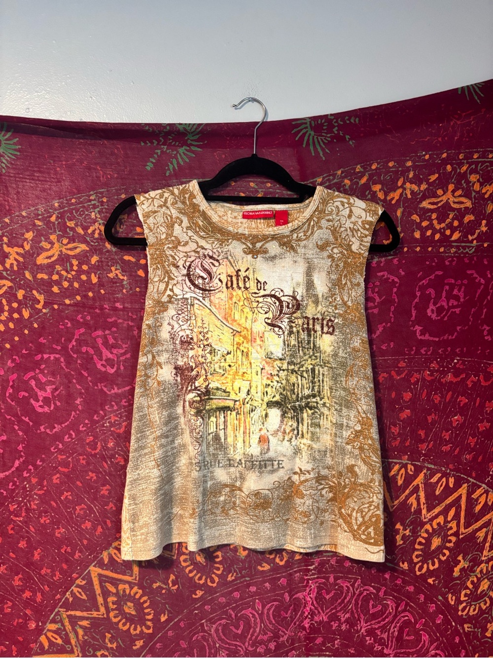Y2K Gloria Vanderbilt Cream and Gold Café de Paris Tank Top